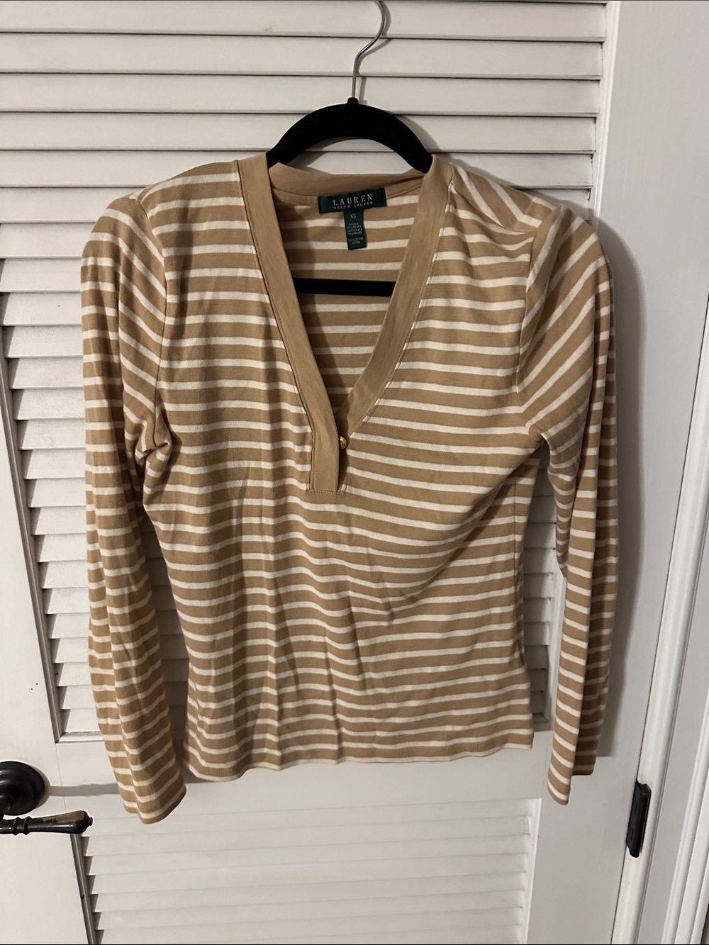Lauren Ralph Lauren Beige and White Striped V-Neck Long Sleeve Top